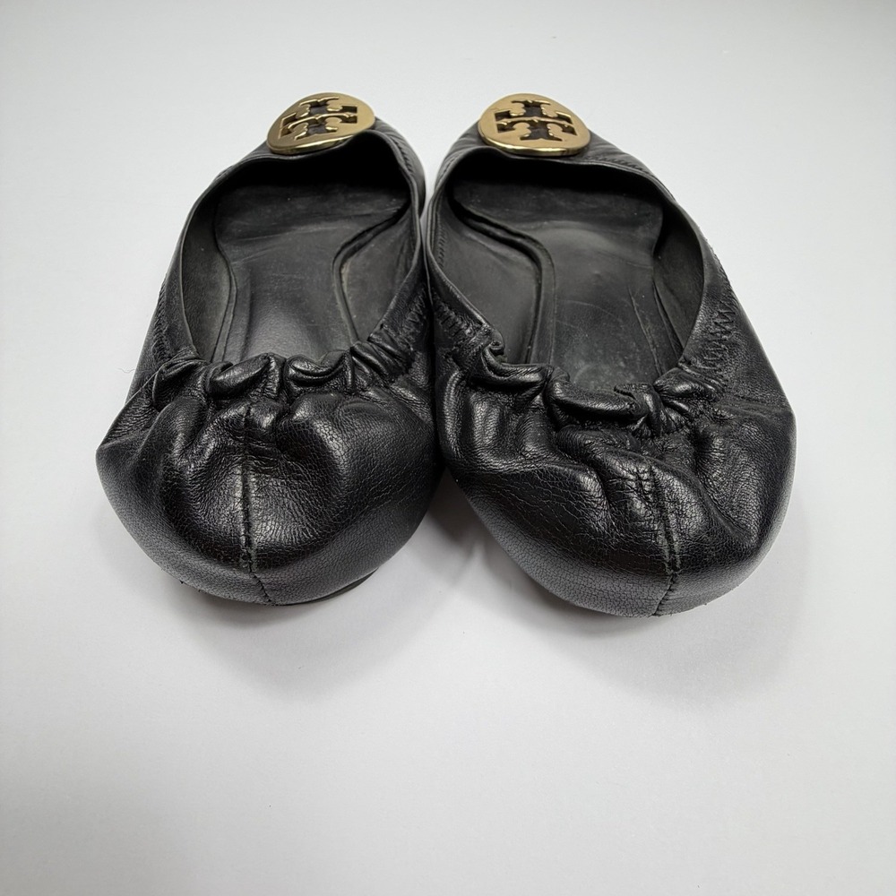 Tory Burch Reva Ballet Flats Womens 7.5 Black Leather Gold Logo Slip On Shoes - Picture 5 of 9